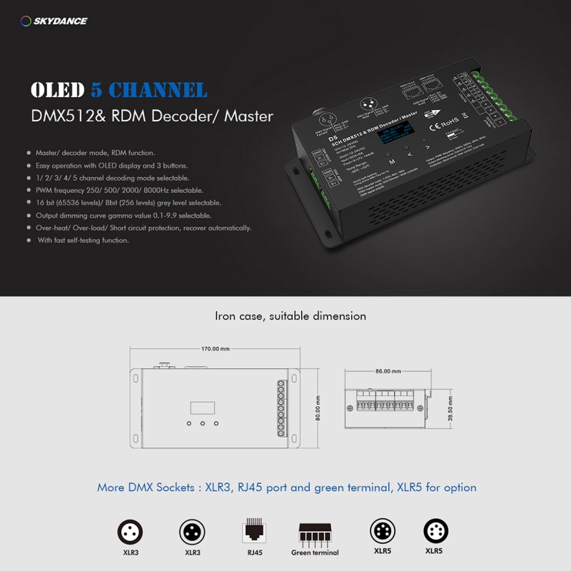 GloboStar® 71448 D5 SKYDANCE DC DMX & RDM Dimmer High Speed Controller / Decoder 5 Καναλιών DC 12-24V 5 x 6A 144W - Max 30A 864W - IP20 Μ17 x Π8 x Υ4cm - 5 Years Warranty