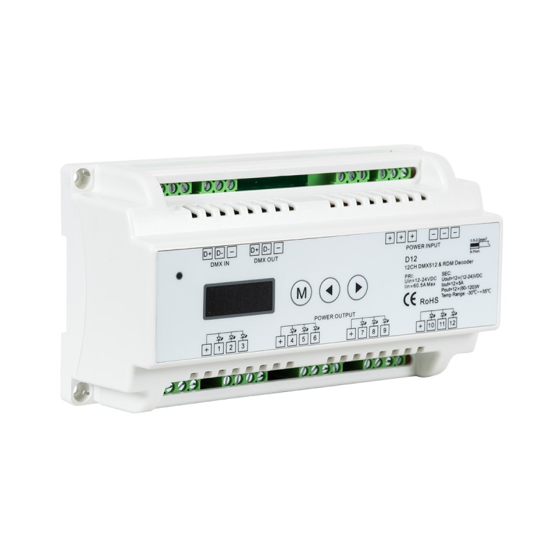GloboStar® 71449 D12 SKYDANCE DC DMX & RDM Dimmer Din Rail Ράγας High Speed Controller / Decoder / Master 12 Καναλιών DC 12-24V 12 x 5A 120W - Max 60.5A 1440W - IP20 Μ15.5 x Π9 x Υ6cm - 5 Years Warranty