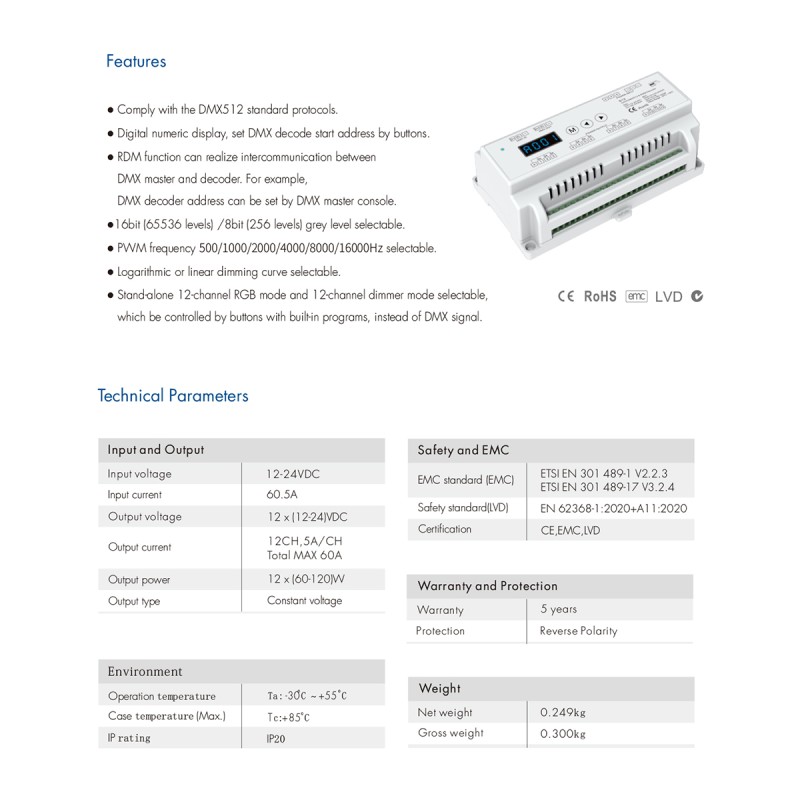 GloboStar® 71449 D12 SKYDANCE DC DMX & RDM Dimmer Din Rail Ράγας High Speed Controller / Decoder / Master 12 Καναλιών DC 12-24V 12 x 5A 120W - Max 60.5A 1440W - IP20 Μ15.5 x Π9 x Υ6cm - 5 Years Warranty