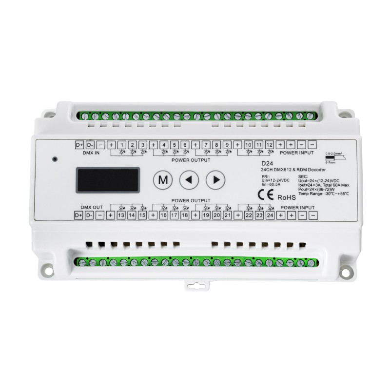 GloboStar® 71450 D24 SKYDANCE DC DMX & RDM Dimmer Din Rail Ράγας High Speed Controller / Decoder 24 Καναλιών DC 12-24V 24 x 3A 72W - Max 72.5A 1740W - IP20 Μ16 x Π9 x Υ6cm - 5 Years Warranty