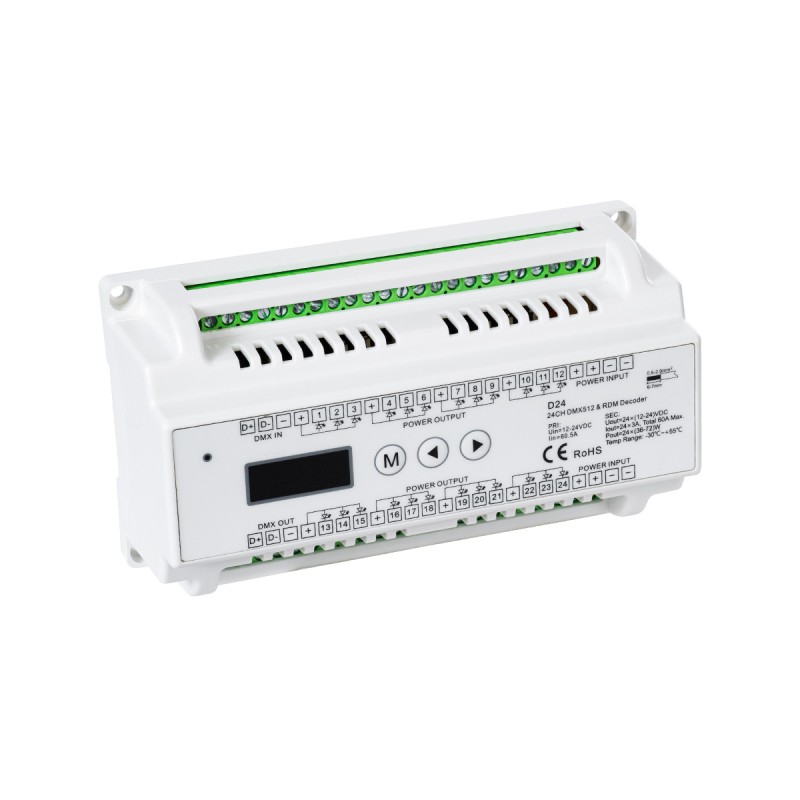 GloboStar® 71450 D24 SKYDANCE DC DMX & RDM Dimmer Din Rail Ράγας High Speed Controller / Decoder 24 Καναλιών DC 12-24V 24 x 3A 72W - Max 72.5A 1740W - IP20 Μ16 x Π9 x Υ6cm - 5 Years Warranty