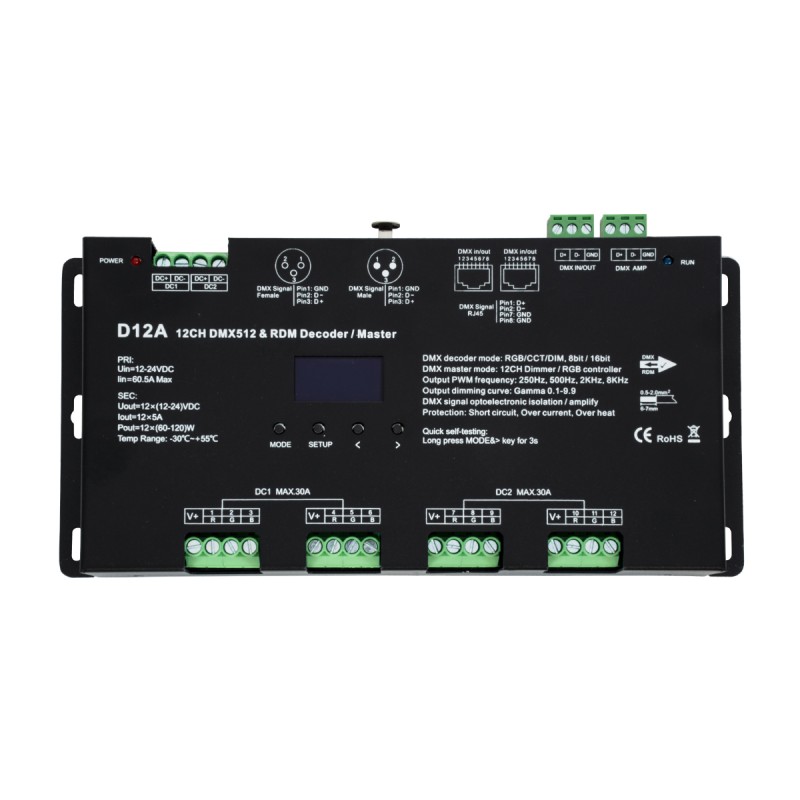 GloboStar® 71451 D12A SKYDANCE DC DMX & RDM Dimmer High Speed Controller / Decoder / Master 12 Καναλιών DC 12-24V 12 x 5A 120W - Max 60.5A 1440W - IP20 Μ25 x Π11.5 x Υ4cm - 5 Years Warranty