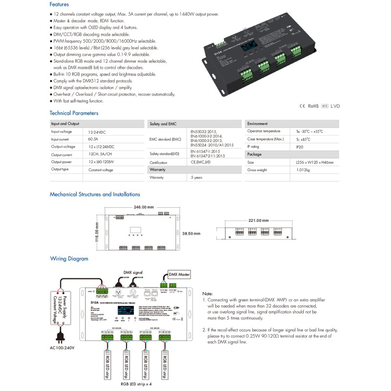 GloboStar® 71451 D12A SKYDANCE DC DMX & RDM Dimmer High Speed Controller / Decoder / Master 12 Καναλιών DC 12-24V 12 x 5A 120W - Max 60.5A 1440W - IP20 Μ25 x Π11.5 x Υ4cm - 5 Years Warranty