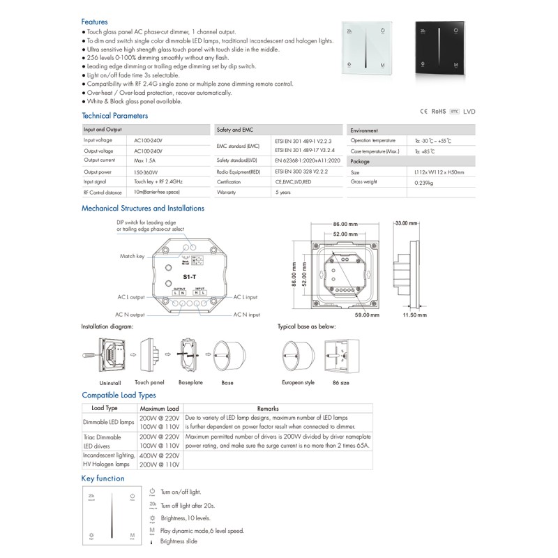 GloboStar® 71452 S1-T SKYDANCE AC Smart RF 2.4Ghz & Αφής - Touch Triac Dimming AC100-240V σε AC100-240V 1 x 1.5A 360W - Max 1.5A 360W - IP20 - Λευκό Σώμα - Μ8.5 x Π8.5 x Υ3.2cm - 5 Years Warranty