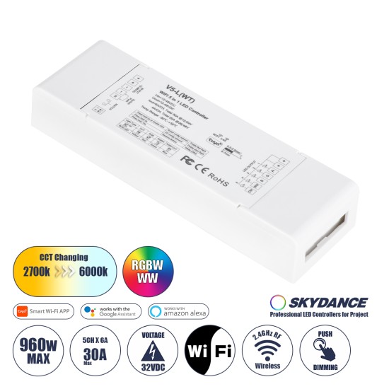 GloboStar® 71470 V5-L SKYDANCE DC WiFi & RF 2.4Ghz Dimmer High Speed Controller 5 Καναλιών DC 12-48V 5 x 6A 288W - Max 30A 1440W - IP20 Μ18 x Π5.7 x Υ2.8cm - 5 Years Warranty GloboStar® 71470 V5-L SKYDANCE DC WiFi & RF 2.4Ghz Dimmer High Speed Controller 5 Καναλιών DC 12-48V 5 x 6A 288W - Max 30A 1440W - IP20 Μ18 x Π5.7 x Υ2.8cm - 5 Years Warranty
