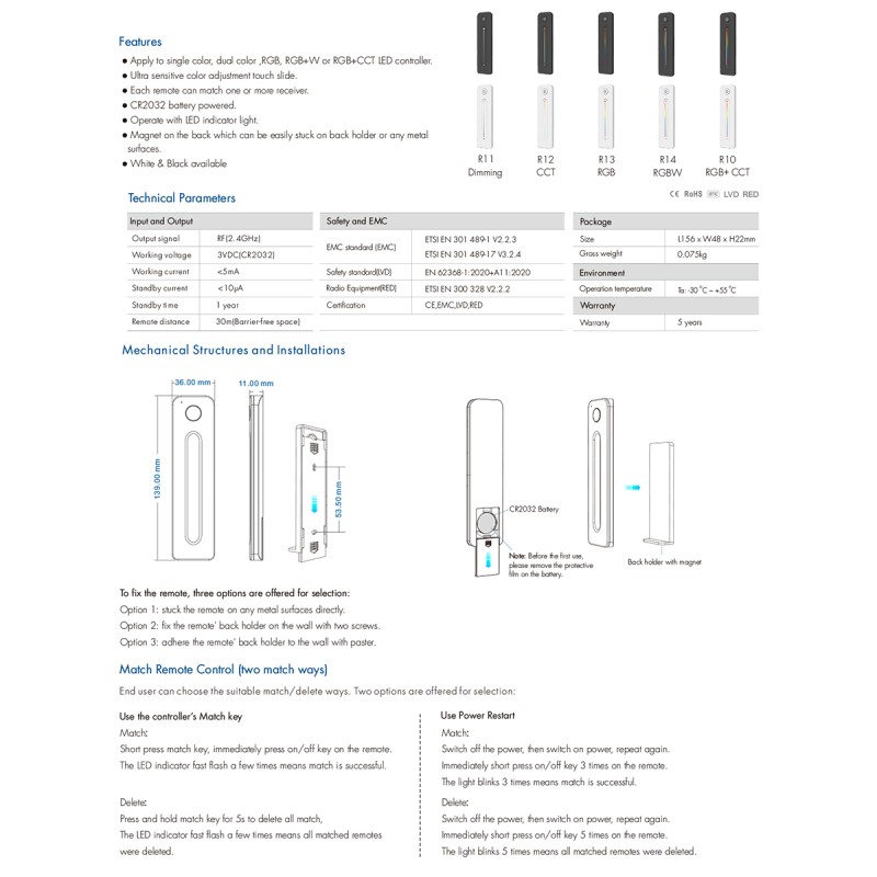 GloboStar® 71545 R10 SKYDANCE Ασύρματο Χειριστήριο Αφής RF 2.4Ghz 1 Group για όλα τα RGBW+WW+CCT SKYDANCE Controller DC 3V 1 x CR2032 - IP20 Μαύρο Μ12.2 x Π5.3 x Υ1.7cm - 5 Years Warranty