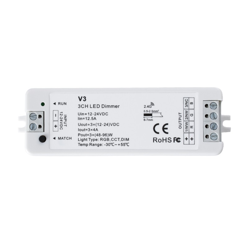 GloboStar® 71546 V3 SKYDANCE DC RF 2.4Ghz Dimmer High Speed Controller 3 Καναλιών DC 12-24V 3 x 5A 96W - Max 12A 288W - IP20 Μ10 x Π3.5 x Υ2cm - 5 Years Warranty