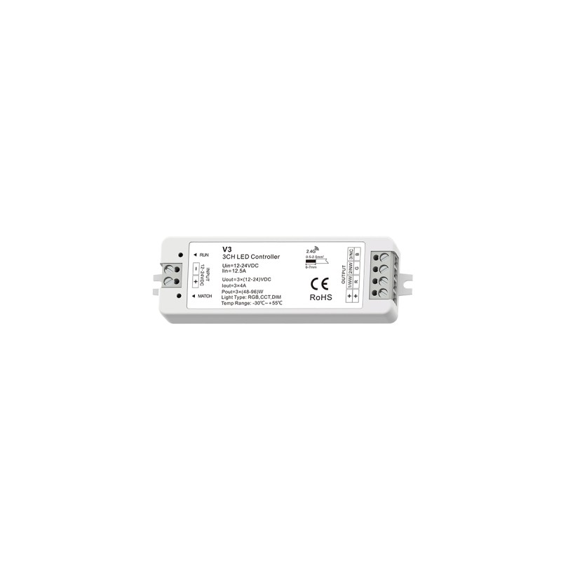 GloboStar® 71546 V3 SKYDANCE DC RF 2.4Ghz Dimmer High Speed Controller 3 Καναλιών DC 12-24V 3 x 5A 96W - Max 12A 288W - IP20 Μ10 x Π3.5 x Υ2cm - 5 Years Warranty