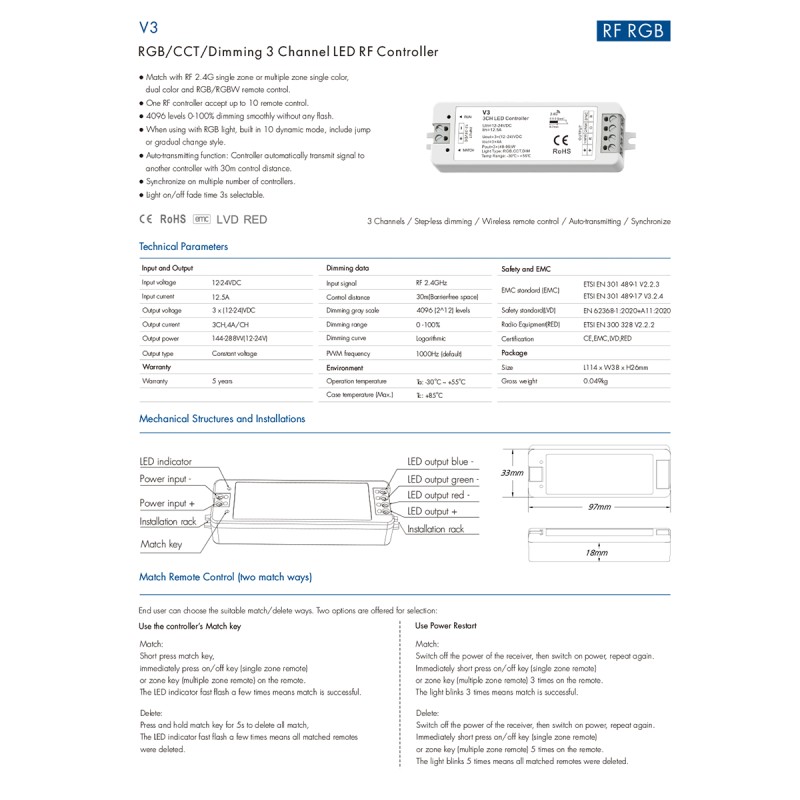 GloboStar® 71546 V3 SKYDANCE DC RF 2.4Ghz Dimmer High Speed Controller 3 Καναλιών DC 12-24V 3 x 5A 96W - Max 12A 288W - IP20 Μ10 x Π3.5 x Υ2cm - 5 Years Warranty