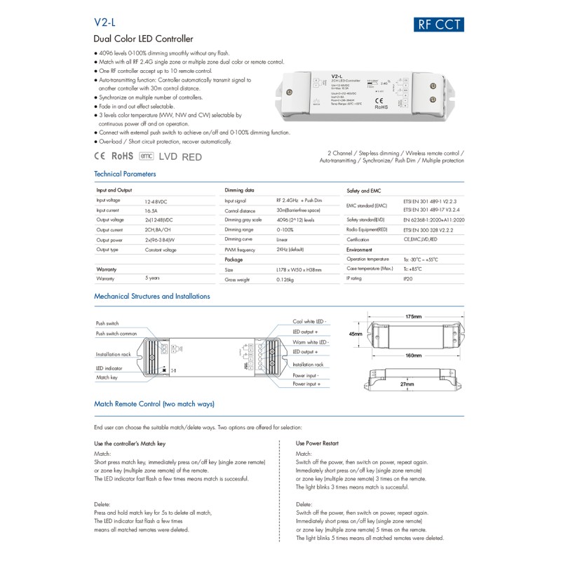 GloboStar® 71565 V2-L SKYDANCE DC RF 2.4Ghz Dimmer High Speed Controller & Push Dimming 2 Κανάλια DC 12-48V 2 x 8A 384W - Max 16.5A 384W - IP20 Μ17.5 x Π4.5 x Υ2.5cm - 5 Years Warranty