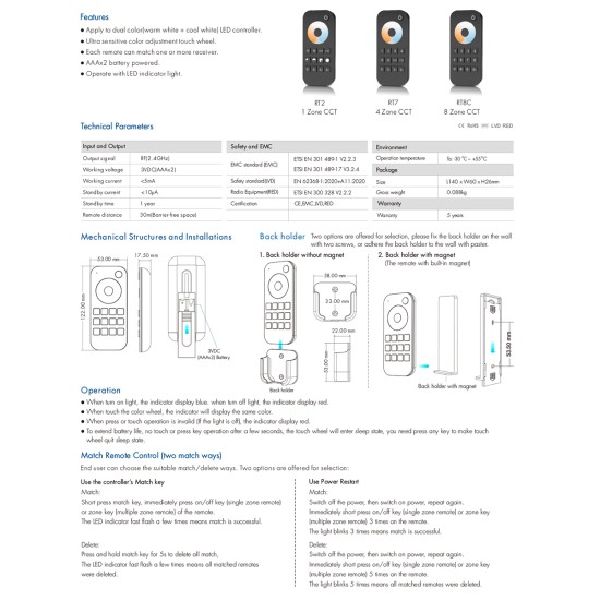 GloboStar® 71566 RT2 SKYDANCE Ασύρματο Χειριστήριο Αφής RF 2.4Ghz 1 Group για όλα τα CCT SKYDANCE Controller DC 3V 2 x AAA - IP20 Μαύρο Μ12.2 x Π5.3 x Υ1.7cm - 5 Years Warranty