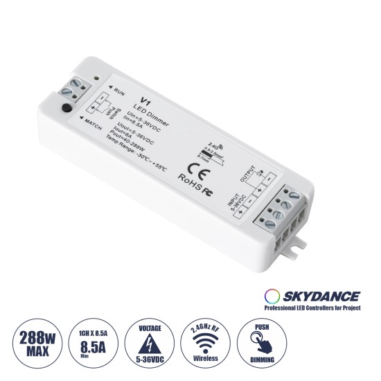 GloboStar® 71567 V1 SKYDANCE DC RF 2.4Ghz Dimmer High Speed Controller & Push Dimming 1 Κανάλι DC 5-36V 1 x 8A 288W - Max 8.5A 288W - IP20 Μ10 x Π3.5 x Υ2cm - 5 Years Warranty GloboStar® 71567 V1 SKYDANCE DC RF 2.4Ghz Dimmer High Speed Controller & Push Dimming 1 Κανάλι DC 5-36V 1 x 8A 288W - Max 8.5A 288W - IP20 Μ10 x Π3.5 x Υ2cm - 5 Years Warranty