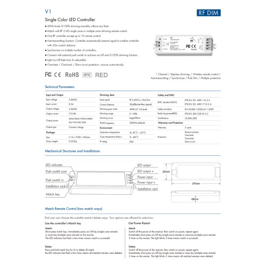 GloboStar® 71567 V1 SKYDANCE DC RF 2.4Ghz Dimmer High Speed Controller & Push Dimming 1 Κανάλι DC 5-36V 1 x 8A 288W - Max 8.5A 288W - IP20 Μ10 x Π3.5 x Υ2cm - 5 Years Warranty GloboStar® 71567 V1 SKYDANCE DC RF 2.4Ghz Dimmer High Speed Controller & Push Dimming 1 Κανάλι DC 5-36V 1 x 8A 288W - Max 8.5A 288W - IP20 Μ10 x Π3.5 x Υ2cm - 5 Years Warranty