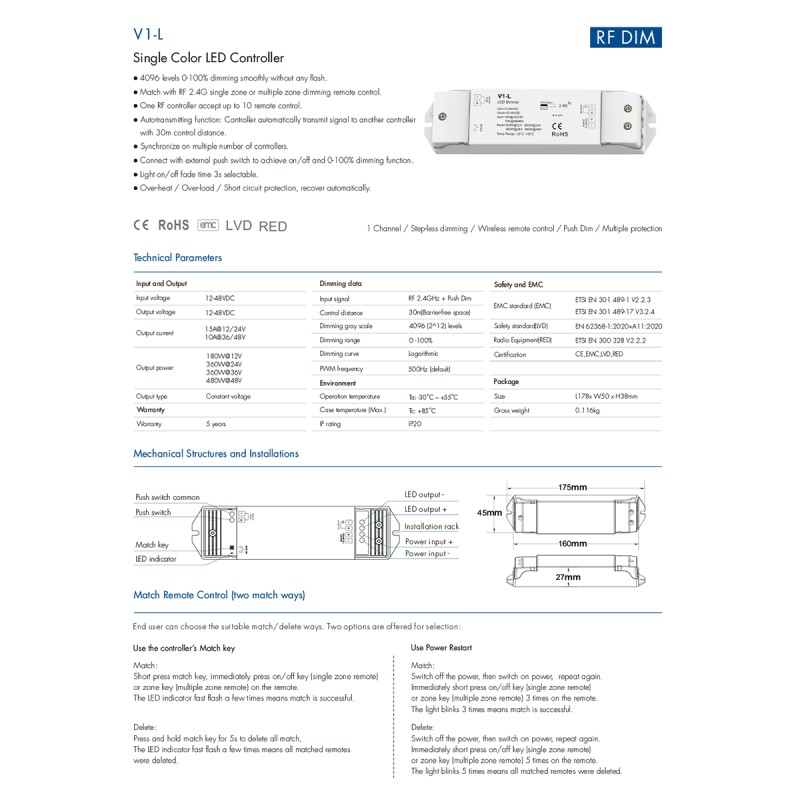 GloboStar® 71568 V1-L SKYDANCE DC RF 2.4Ghz Dimmer High Speed Controller & Push Dimming 1 Κανάλι DC 12-48V 1 x 15A 480W - Max 15A 480W - IP20 Μ17.5 x Π4.5 x Υ2.5cm - 5 Years Warranty