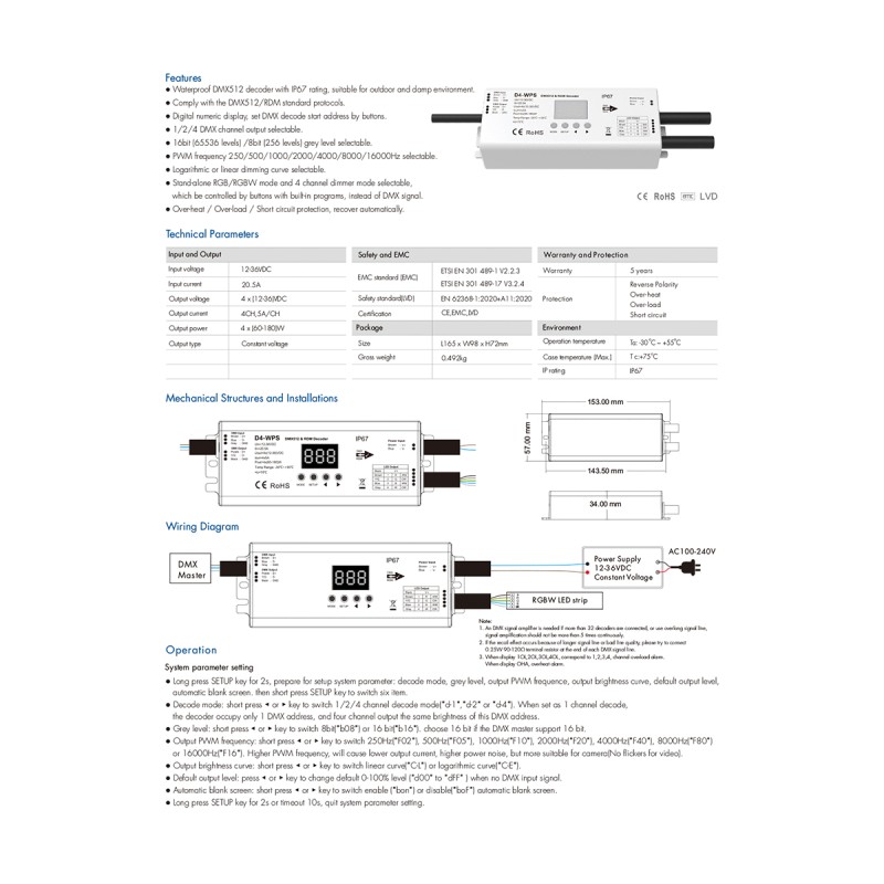 GloboStar® 71571-IP65 D4-WP SKYDANCE DC DMX & RDM Dimmer High Speed Controller / Decoder 4 Καναλιών DC 12-36V 4 x 5A 180W - Max 20.5A 720W - Αδιάβροχος IP65 Μ17 x Π8 x Υ4cm - 5 Years Warranty