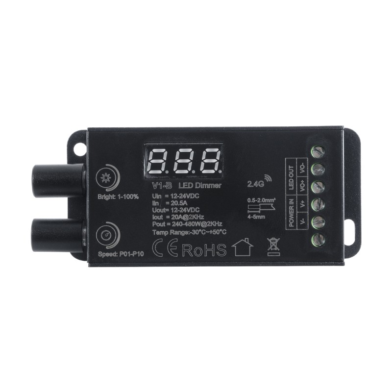 GloboStar® 73116 V1-B SKYDANCE DC RF 2.4Ghz Dimmer Constant Voltage Controller 1 Κανάλι DC 12-24V 1 x 20.5A 480W - Max 20.5A 480W - IP20 Μ9 x Π4 x Υ2.8cm - 5 Χρόνια Εγγύηση