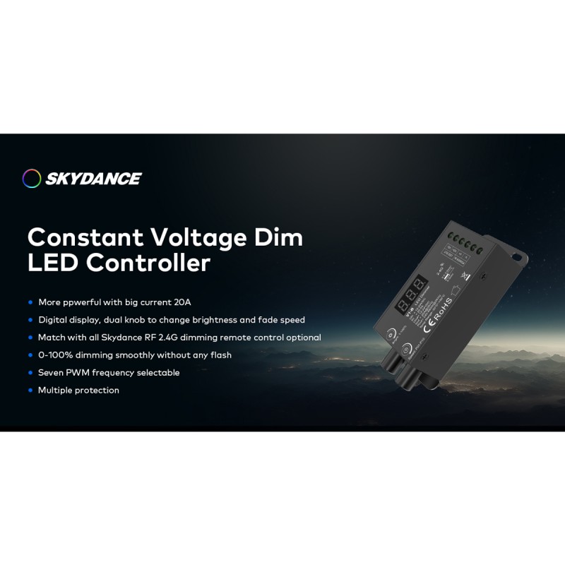 GloboStar® 73116 V1-B SKYDANCE DC RF 2.4Ghz Dimmer Constant Voltage Controller 1 Κανάλι DC 12-24V 1 x 20.5A 480W - Max 20.5A 480W - IP20 Μ9 x Π4 x Υ2.8cm - 5 Χρόνια Εγγύηση
