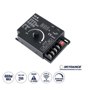 GLOBOSTAR® SKYDANCE-V1-K 73117 Dimmer με 1 x 20A 480W Κανάλι DC 12-48V 20A 480W Max IP20 - PWM - RF2.4Ghz - Μ10.7 x Π7.5 x Υ3.8cm - 5 Χρόνια Εγγύηση