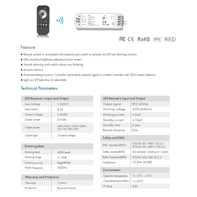 GloboStar® 73118 RT1+V1 SKYDANCE ΣΕΤ Dimmer & Ασύρματο Χειριστήριο Αφής 1 Group RF 2.4Ghz 8A Max DC 5-36V (288W) - DC 3V IP20 - 5 Χρόνια Εγγύηση