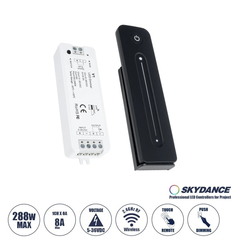 GloboStar® 73119 V1+R11 SKYDANCE ΣΕΤ Dimmer & Ασύρματο Χειριστήριο Αφής 1 Group RF 2.4Ghz 8A Max DC 5-36V (288W) - DC 3V IP20 - 5 Χρόνια Εγγύηση