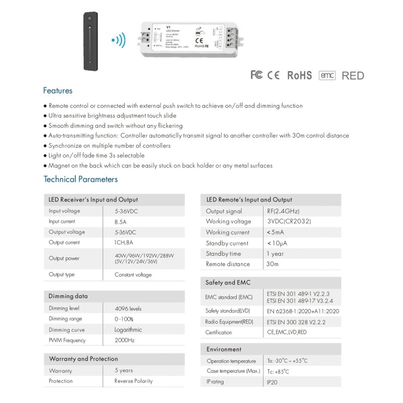GloboStar® 73119 V1+R11 SKYDANCE ΣΕΤ Dimmer & Ασύρματο Χειριστήριο Αφής 1 Group RF 2.4Ghz 8A Max DC 5-36V (288W) - DC 3V IP20 - 5 Χρόνια Εγγύηση