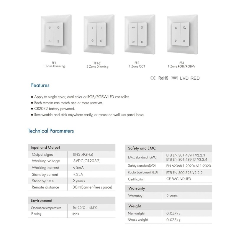 GloboStar® 73122 PF1-2 SKYDANCE Ασύρματο Επιτοίχιο Χειριστήριο 2 Group  RF 2.4Ghz DC3V IP20 - Μ8.5 x Π8.5 x Υ1.7cm - 5 Χρόνια Εγγύηση