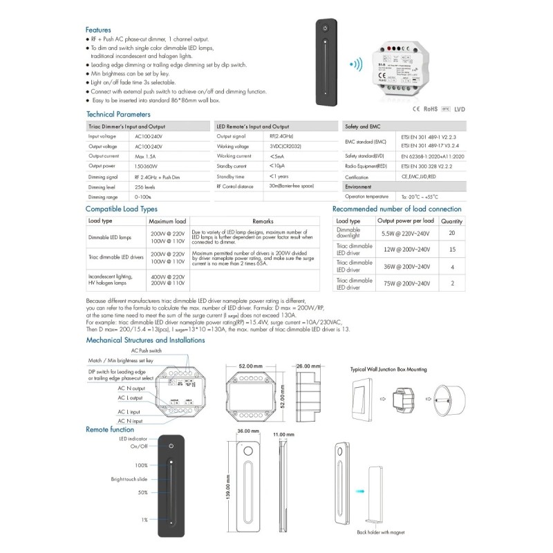 GloboStar® 73124 S1-B+R11 SKYDANCE ΣΕΤ Dimmer & Ασύρματο Χειριστήριο Αφής 1 Group RF 2.4Ghz 1.5A Max AC100-240V (360W) - DC 3V IP20 - 5 Χρόνια Εγγύηση