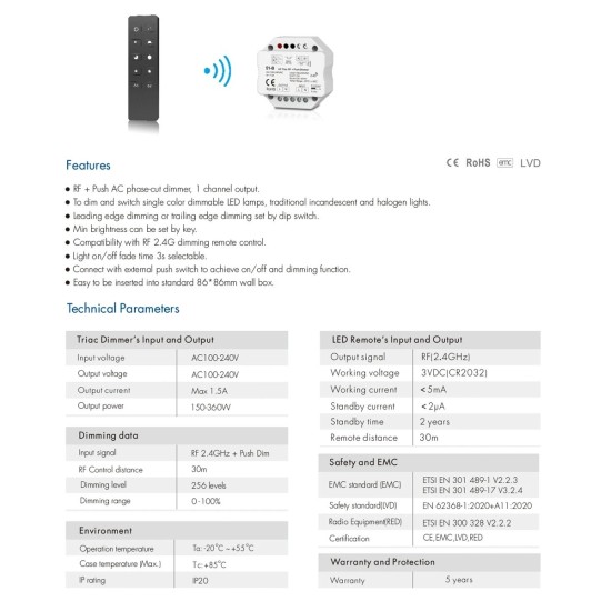 GloboStar® 73125 S1-B+R1 SKYDANCE ΣΕΤ Dimmer & Ασύρματο Χειριστήριο Αφής 1 Group RF 2.4Ghz 1.5A Max AC100-240V (360W) - DC 3V IP20 - 5 Χρόνια Εγγύηση GloboStar® 73125 S1-B+R1 SKYDANCE ΣΕΤ Dimmer & Ασύρματο Χειριστήριο Αφής 1 Group RF 2.4Ghz 1.5A Max AC100-240V (360W) - DC 3V IP20 - 5 Χρόνια Εγγύηση