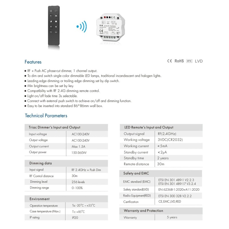 GloboStar® 73125 S1-B+R1 SKYDANCE ΣΕΤ Dimmer & Ασύρματο Χειριστήριο Αφής 1 Group RF 2.4Ghz 1.5A Max AC100-240V (360W) - DC 3V IP20 - 5 Χρόνια Εγγύηση