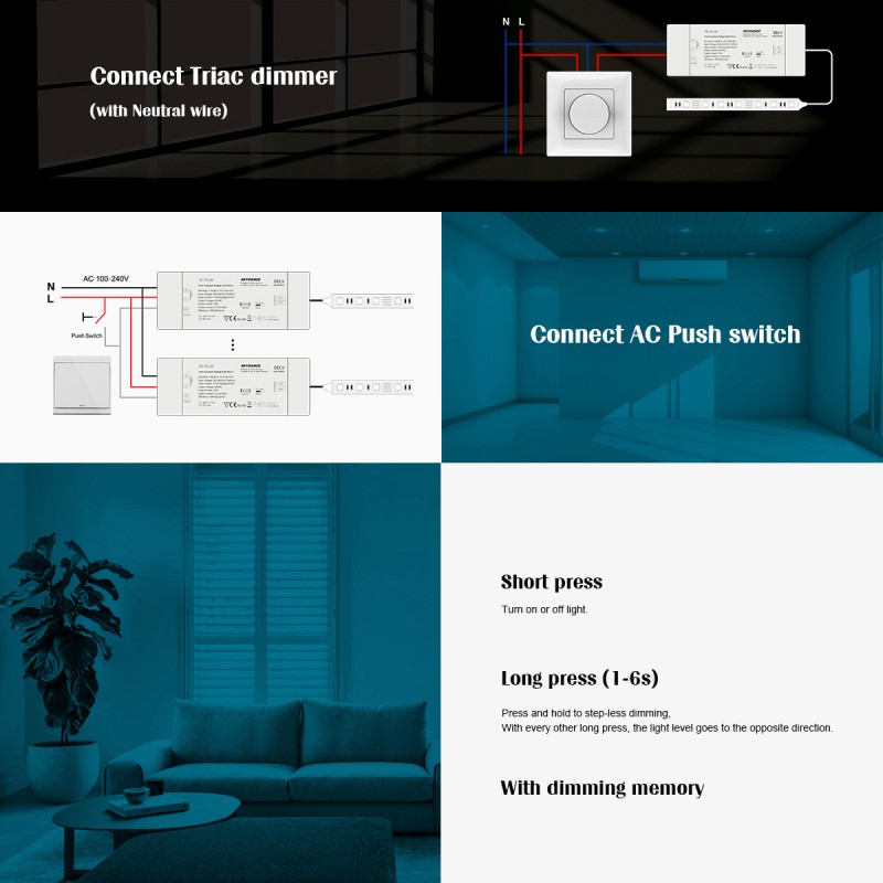 GloboStar® 73129 TE-75-12 SKYDANCE AC Triac Dimmer Push Dimming 1 Κανάλι AC 200-240V 1 x 6.25A 75W - Max 6.25A 75W - IP20 Μ18 x Π5.7 x Υ3cm - 5 Χρόνια Εγγύηση