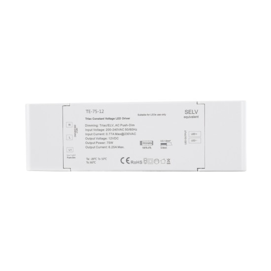 GloboStar® 73129 TE-75-12 SKYDANCE AC Triac Dimmer Push Dimming 1 Κανάλι AC 200-240V 1 x 6.25A 75W - Max 6.25A 75W - IP20 Μ18 x Π5.7 x Υ3cm - 5 Χρόνια Εγγύηση