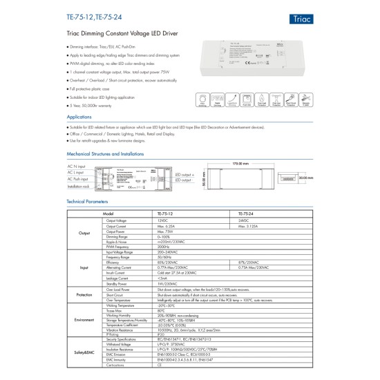 GloboStar® 73129 TE-75-12 SKYDANCE AC Triac Dimmer Push Dimming 1 Κανάλι AC 200-240V 1 x 6.25A 75W - Max 6.25A 75W - IP20 Μ18 x Π5.7 x Υ3cm - 5 Χρόνια Εγγύηση