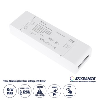 GLOBOSTAR® SKYDANCE-TE-75-24 73130 DC Triac & Push Dimmer CV Τροφοδοτικό/Μετασχηματιστής SELV με 1 x 3.125A 75W Κανάλι AC 220-240V σε DC 24V 3.125A 75W Max IP20 - Triac & Push Dimming - Μ18 x Π5.7 x Υ3cm - 5 Χρόνια Εγγύηση