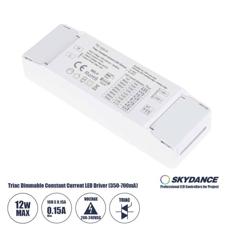 GloboStar® 73131 TE-12A-H SKYDANCE AC Triac Dimmable Constant Current LED Driver 1 Κανάλι AC 200-240V 1 x 0.15A 12W - Max 0.15A 12W - IP20 Μ11.1 x Π3.7 x Υ2cm - 5 Χρόνια Εγγύηση