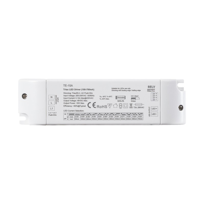 GloboStar® 73133 TE-15A SKYDANCE AC Triac Dimmable Constant Current LED Driver Push Dimming 1 Κανάλι AC 200-240V 1 x 0.15A 15W - Max 0.15A 15W - IP20  Μ15.1 x Π4.1 x Υ3cm - 5 Χρόνια Εγγύηση