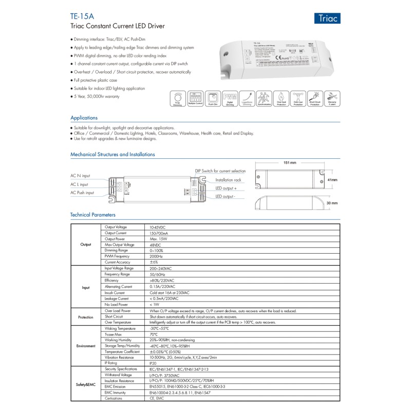 GloboStar® 73133 TE-15A SKYDANCE AC Triac Dimmable Constant Current LED Driver Push Dimming 1 Κανάλι AC 200-240V 1 x 0.15A 15W - Max 0.15A 15W - IP20  Μ15.1 x Π4.1 x Υ3cm - 5 Χρόνια Εγγύηση
