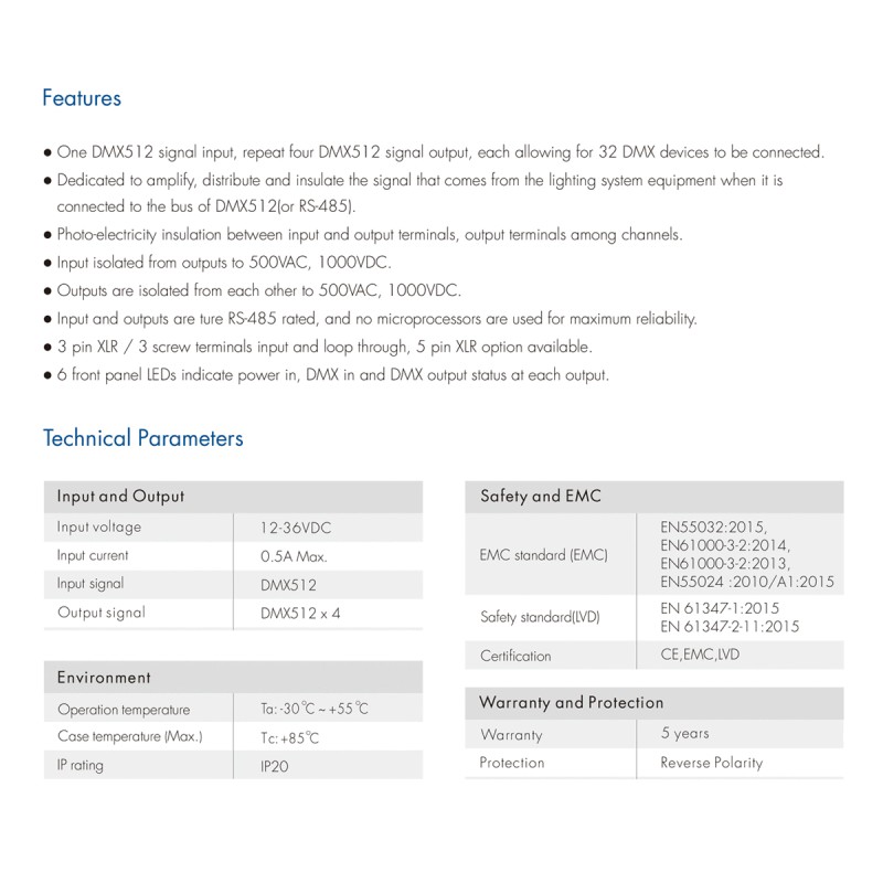 GloboStar® 73136 DMA SKYDANCE DC DMX512 Signal Splitter / Amplifier 4 Καναλιών DC 12-36V - IP20 Μ25.6 x Π9.2 x Υ3.8cm - 5 Χρόνια Εγγύηση