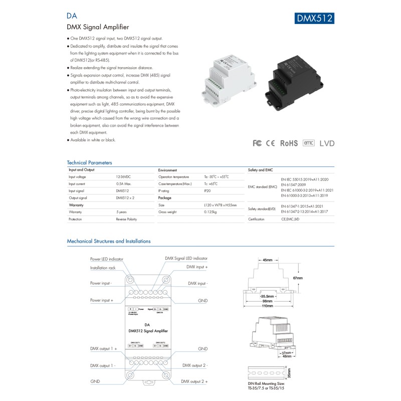 GloboStar® 73137 DA SKYDANCE DC DMX512 Signal Amplifier Din Rail Ράγας 2 Καναλιών DC 12-48V - IP20  Μ11.5 x Π5 x Υ6.5cm - 5 Χρόνια Εγγύηση