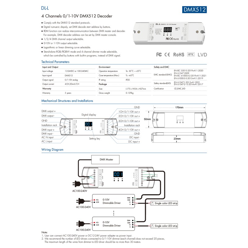 GloboStar® 73140 DL-L SKYDANCE AC DMX512 to 0/1-10V Converter / Decoder 4 Καναλιών - 2 Inputs DC 12-24V ή AC 100-240V - IP20  Μ17 x Π5 x Υ2.5cm - 5 Χρόνια Εγγύηση