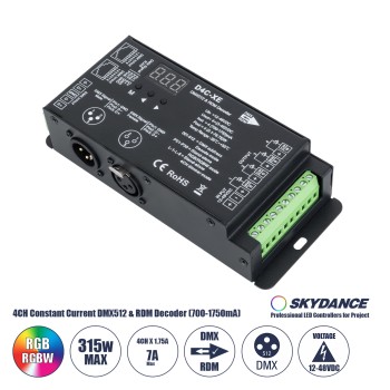 GLOBOSTAR® SKYDANCE-D4C-XE 73147 DC CC DMX Master Dimmer / Controller / Decoder Υψηλής Ταχύτητας με 4 x 700-1750mA 2.1-78.75W Κανάλια DC 12-48V σε DC 3-45V 7000mA 315W Max IP20 - DMX512 & RDM - Μ16.5 x Π7 x Υ3.7cm - 5 Χρόνια Εγγύηση