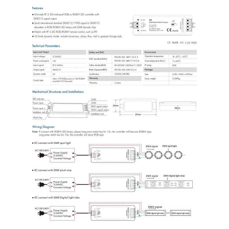 GloboStar® 73157 XC SKYDANCE DC RF 2.4Ghz DMX512 Master Digital DC 5-24V - IP20  Μ10.5 x Π3.5 x Υ2cm - 5 Χρόνια Εγγύηση