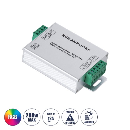 GloboStar® 73392 DC Power & Signal High Speed Amplifier Ενισχυτής Ισχύος & Σήματος Υψηλών Ταχυτήτων 3 Καναλιών DC 12-24V 3 x 4A 96W - Max 12A 288W - IP20 RGB Μ10.5 x Π6.5 x Υ2.5cm - 2 Years Warranty GloboStar® 73392 DC Power & Signal High Speed Amplifier Ενισχυτής Ισχύος & Σήματος Υψηλών Ταχυτήτων 3 Καναλιών DC 12-24V 3 x 4A 96W - Max 12A 288W - IP20 RGB Μ10.5 x Π6.5 x Υ2.5cm - 2 Years Warranty