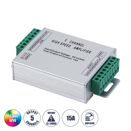 GloboStar® 73395 High Speed LED Amplifier 5 Channels - Ενισχυτής Σήματος Υψηλών Ταχυτήτων LED 5 Καναλιών DC 12-24V RGBW+WW Max 360W Μ10.5 x Π6.3 x Υ2.3cm GloboStar® 73395 High Speed LED Amplifier 5 Channels - Ενισχυτής Σήματος Υψηλών Ταχυτήτων LED 5 Καναλιών DC 12-24V RGBW+WW Max 360W Μ10.5 x Π6.3 x Υ2.3cm
