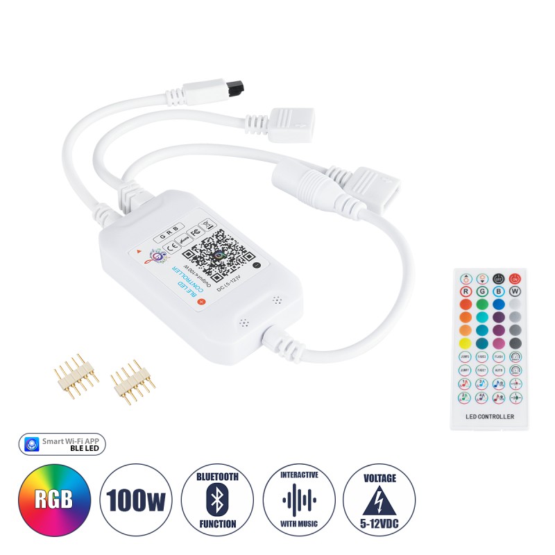 GloboStar® 73431 Ασύρματος Bluetooth LED RGB & Music Controller Sound Activated με Χειριστήριο IR & 2 Εξόδους RGB DC 5-24V Max 100W