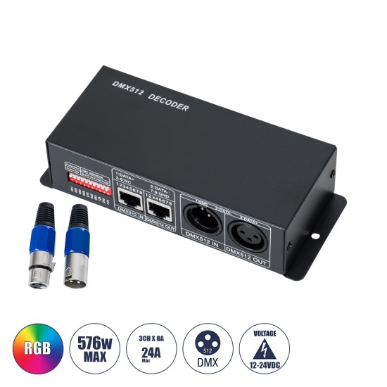 GloboStar® 73490 DC DMX Dimmer High Speed Controller / Decoder 3 Καναλιών DC 12-24V 3 x 8A 192W - Max 24A 576W - IP20 Μ16 x Π9 x Υ6cm - 2 Χρόνια Εγγύηση GloboStar® 73490 DC DMX Dimmer High Speed Controller / Decoder 3 Καναλιών DC 12-24V 3 x 8A 192W - Max 24A 576W - IP20 Μ16 x Π9 x Υ6cm - 2 Χρόνια Εγγύηση