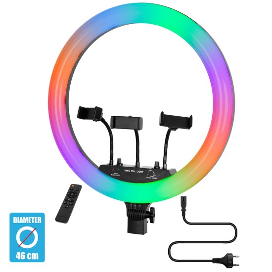 GloboStar® 75805 Professional Digital Ring Light Φ46cm LED SMD 70W 7000lm 180° AC 230V με Καλώδιο Τροφοδοσίας Πρίζας - Ασύρματο Χειριστήριο RF 2.4Ghz Εναλλαγής Χρωμάτων & 3 Βάσεις Τηλεφώνου - Πολύχρωμο RGBW+WW Dimmable GloboStar® 75805 Professional Digital Ring Light Φ46cm LED SMD 70W 7000lm 180° AC 230V με Καλώδιο Τροφοδοσίας Πρίζας - Ασύρματο Χειριστήριο RF 2.4Ghz Εναλλαγής Χρωμάτων & 3 Βάσεις Τηλεφώνου - Πολύχρωμο RGBW+WW Dimmable