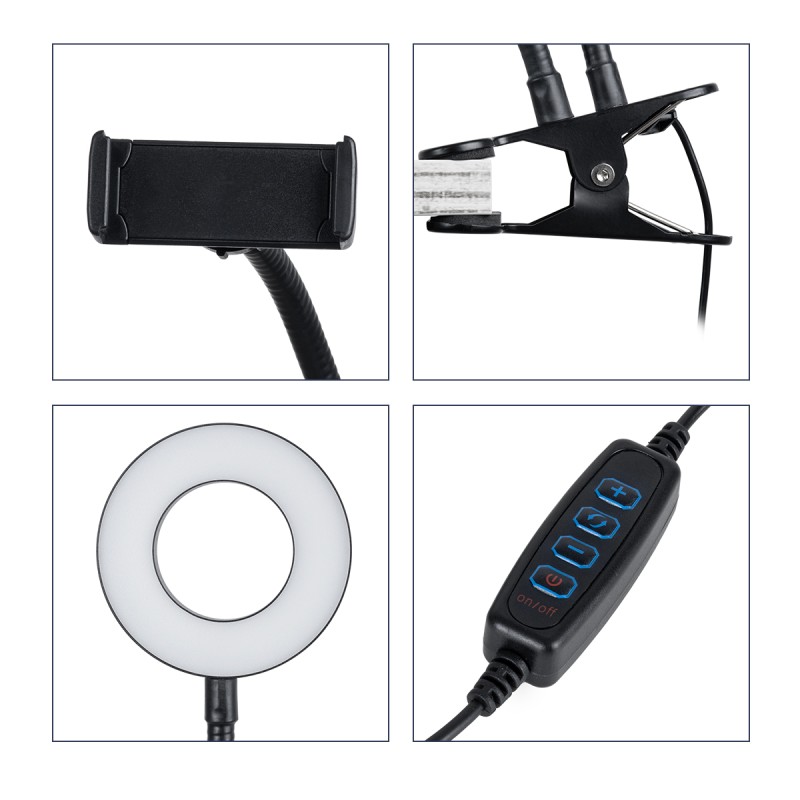 GloboStar® 75809 Professional Digital Ring Light Φ9cm LED SMD 10W 1000lm 180° DC 5V με Καλώδιο Τροφοδοσίας USB - Ενσωματωμένο Χειριστήριο Εναλλαγής Χρωμάτων & 1 Βάση Τηλεφώνου - CCT Θερμό Λευκό 3000K - Φυσικό Λευκό 4500K - Ψυχρό Λευκό 6000K Dimmable Μ