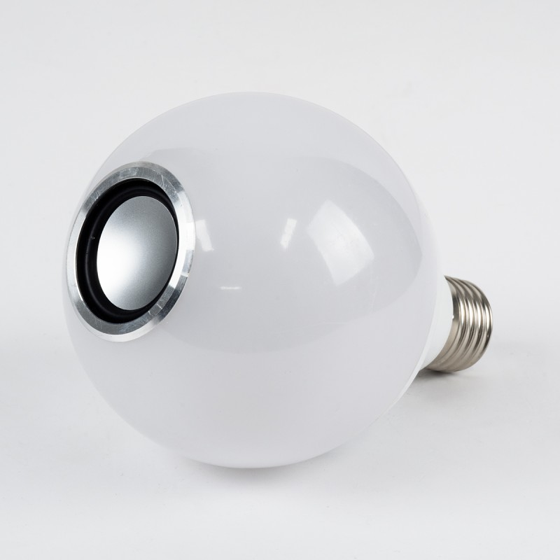 GloboStar® 76072 Λάμπα LED E27 G95 Γλόμπος 12W 780lm 260° με Ενσωματωμένο Bluetooth Ηχείο 3W AC 220-240V IP20 Φ9.5 x Υ13.5cm - Εναλλαγή Φωτισμού μέσω Τηλεχειριστηρίου & Μέσω Smart Home Εφαρμογής HappyLighting APP - Πολύχρωμο RGBW - 2 Years Warranty