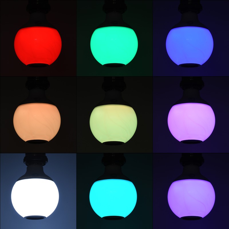 GloboStar® 76072 Λάμπα LED E27 G95 Γλόμπος 12W 780lm 260° με Ενσωματωμένο Bluetooth Ηχείο 3W AC 220-240V IP20 Φ9.5 x Υ13.5cm - Εναλλαγή Φωτισμού μέσω Τηλεχειριστηρίου & Μέσω Smart Home Εφαρμογής HappyLighting APP - Πολύχρωμο RGBW - 2 Years Warranty