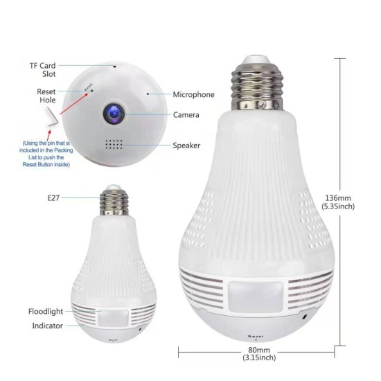 GloboStar® 76073 WIFI 2.4G IP CAMERA 2.0MP 1080P - Έξυπνη Κρυφή IP Κάμερα WiFi 1080P Fish Eye 360° 3W LED σε Σχήμα Λάμπας με Ντουί και Βάση E27 Smart Home GloboStar® 76073 WIFI 2.4G IP CAMERA 2.0MP 1080P - Έξυπνη Κρυφή IP Κάμερα WiFi 1080P Fish Eye 360° 3W LED σε Σχήμα Λάμπας με Ντουί και Βάση E27 Smart Home